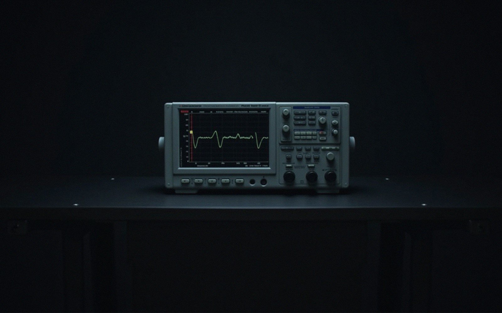 an oscilloscope showing a waveform in a dark lab