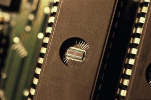 An EEPROM chip on a computer motherboard.